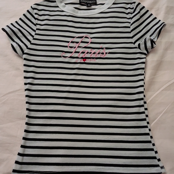 Striped Black and White Kids Tee with Pink Paris Embroidery - Picture 2 of 5